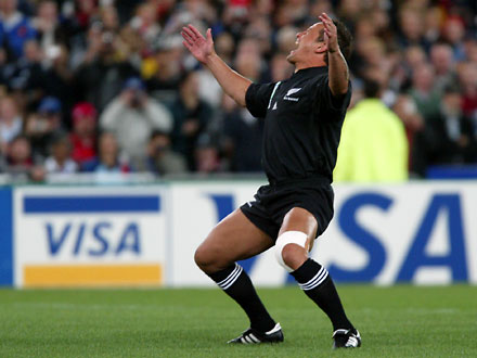 Carlos leads the haka against the Welsh